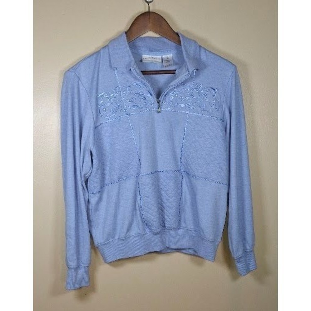 Alfred Dunner Petite Blue Floral Embroidered Quarter Zip Sweatshirt PM Pullover